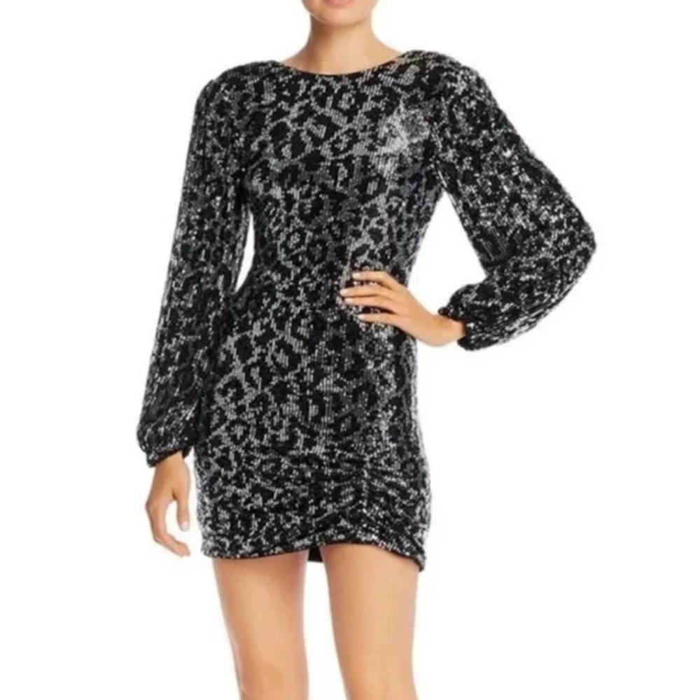 SAYLOR MAURA Sequined Party Cocktail Mini Dress Sz XS Animal Print Long Sleeve - Picture 4 of 11